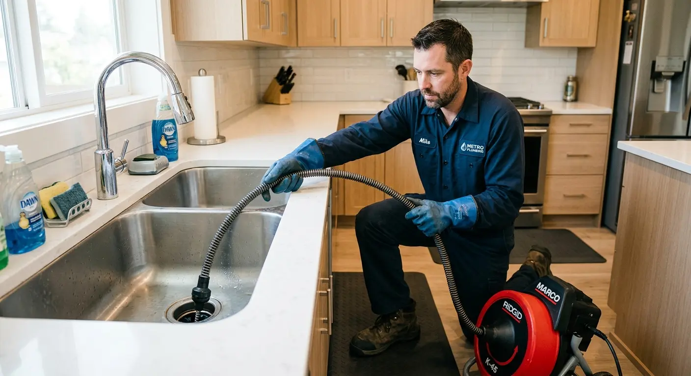 Drain cleaning technician using a motorized snake on a kitchen sink in Callaway