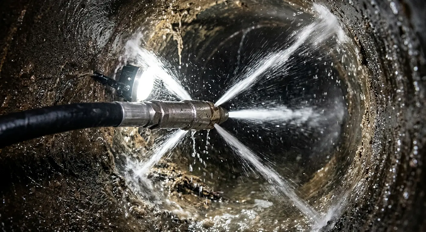 High-pressure hydro jetting nozzle cleaning sewer pipe for Emergency Drain Service in Callaway