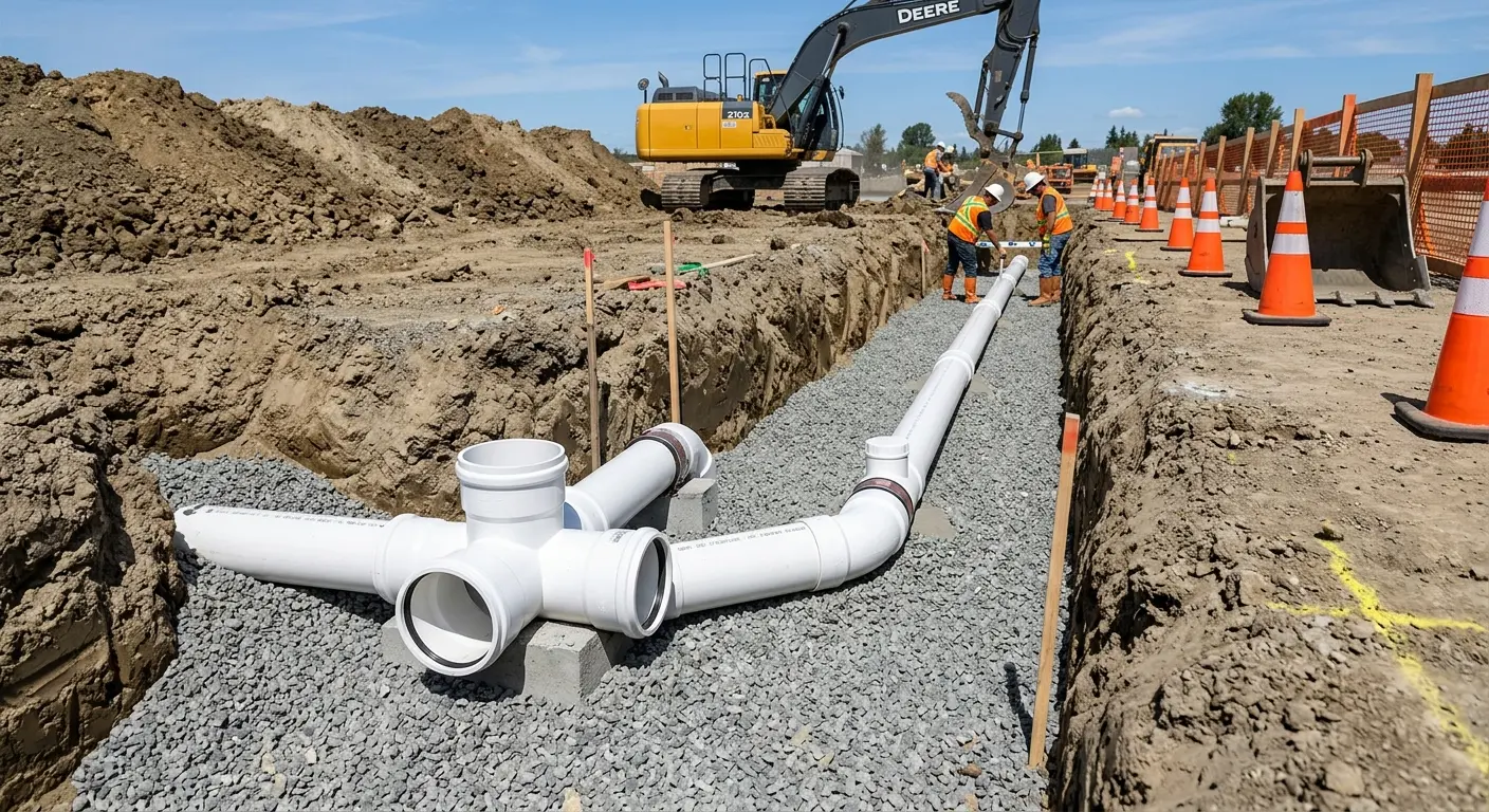 New PVC sewer pipe installation in open trench for Commercial Drain Cleaning in Callaway