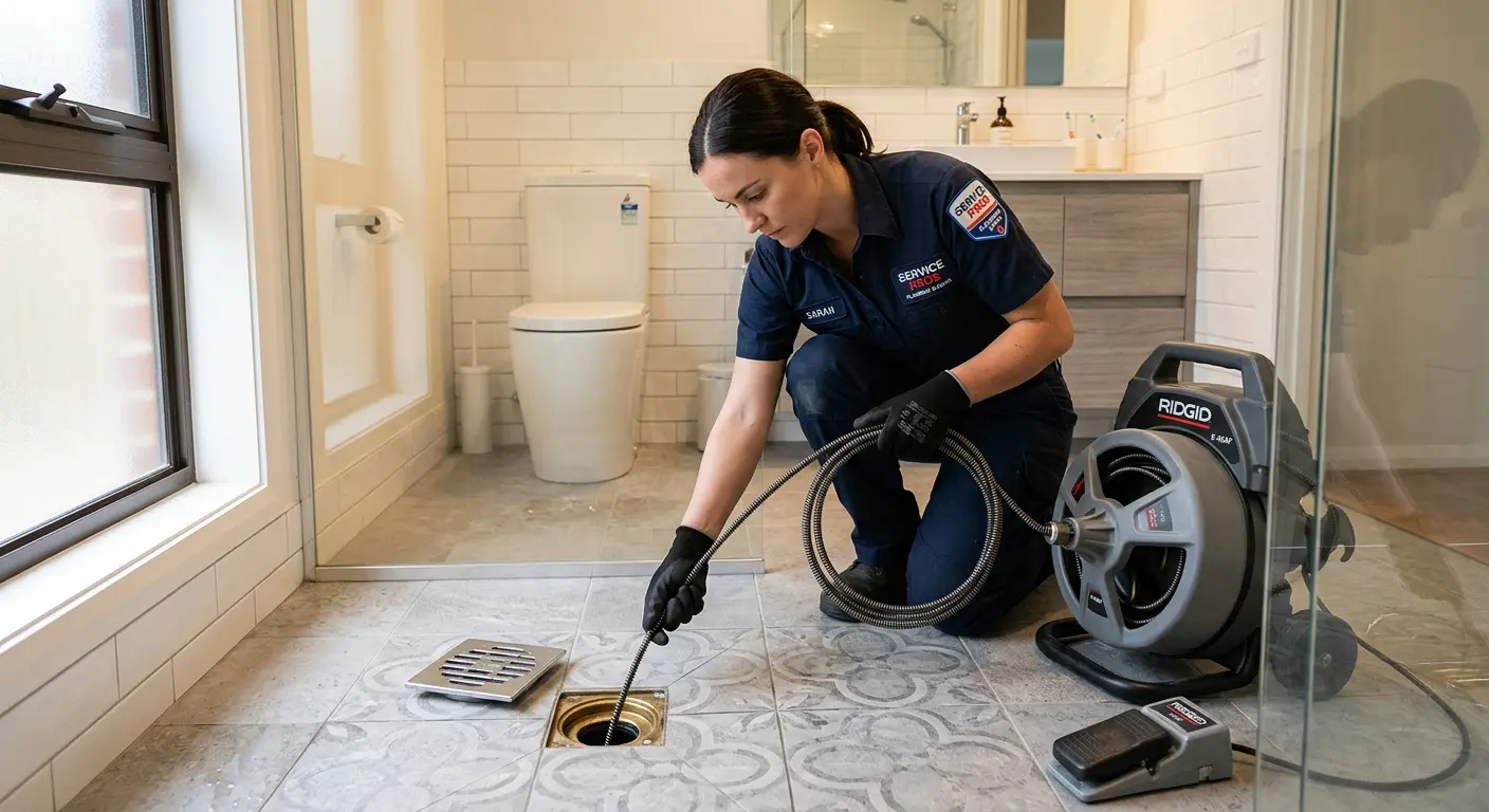 Technician clearing a bathroom floor drain for Clogged Drain Repair in Callaway